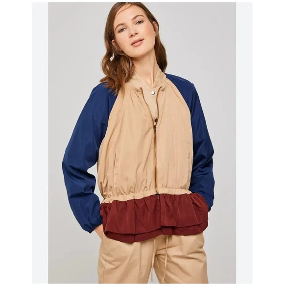 Hayden Los Angeles Color Block Peplum Windbreaker Jacket Small Navy Tan Maroon - Picture 2 of 8